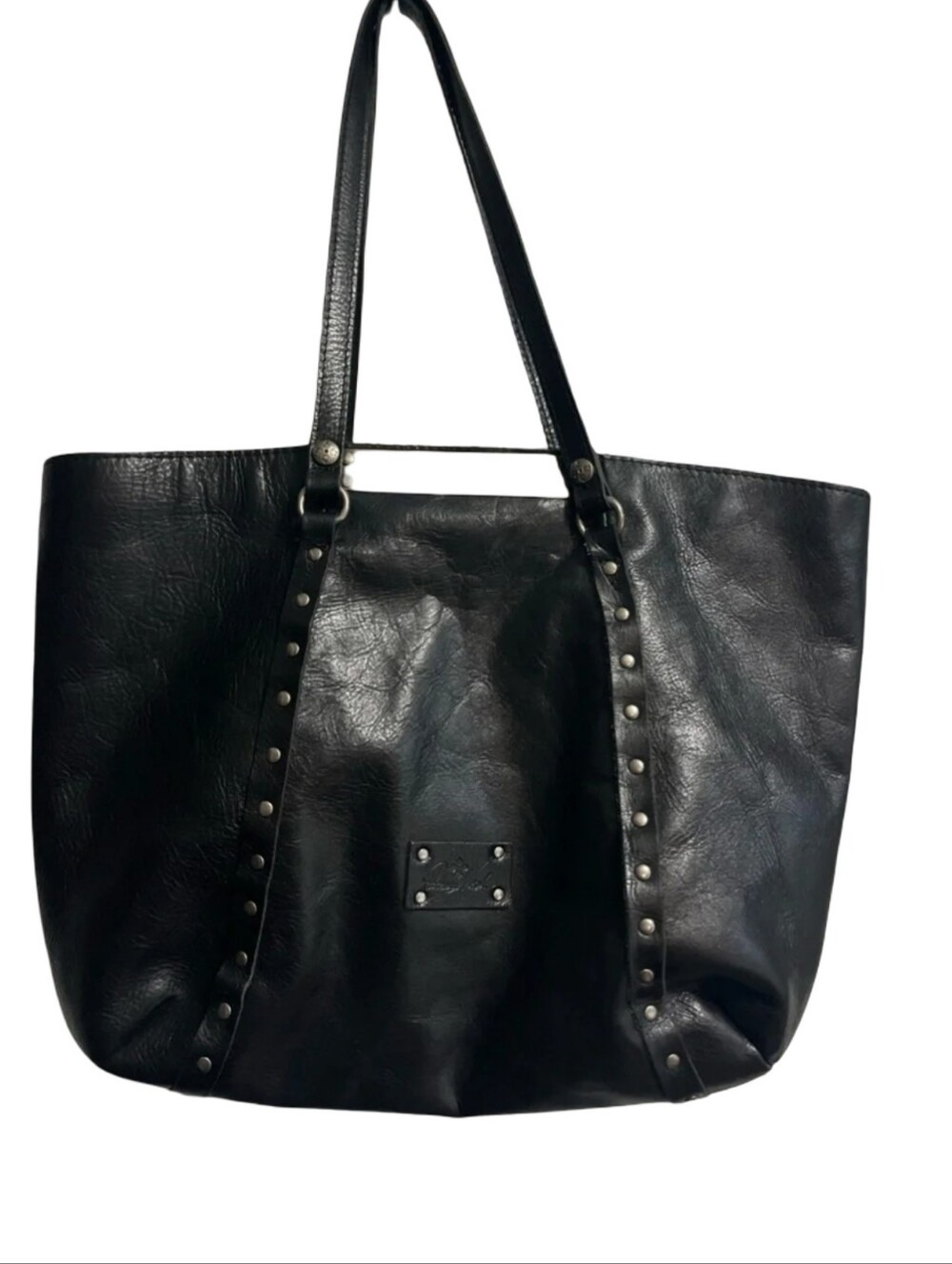 Patricia Nash Black Leather Studded Tote Bag Silver Hardware Metal Bar Detail - Picture 2 of 14